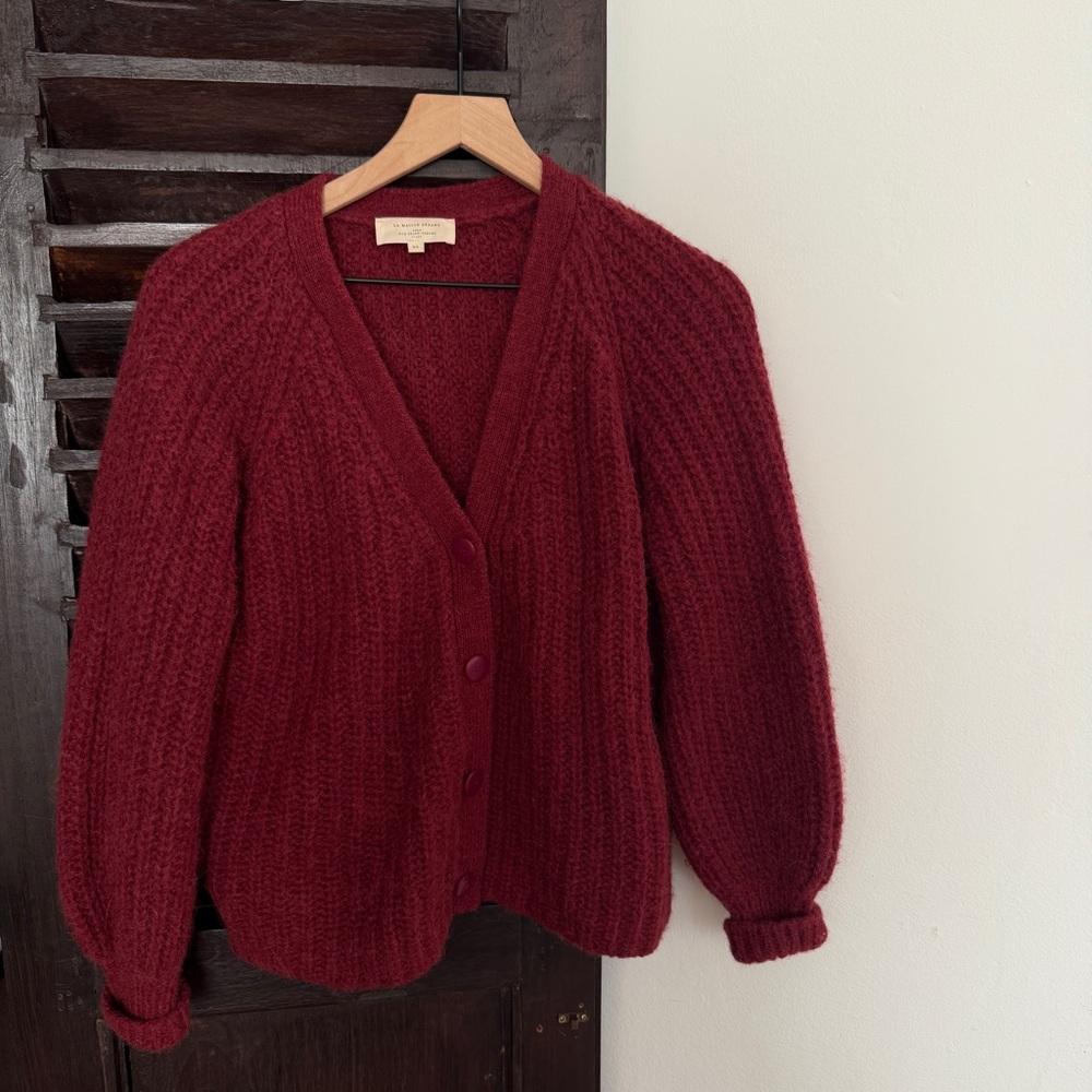 Sezane Women's Burgundy V-Neck Button Cardigan Sweater